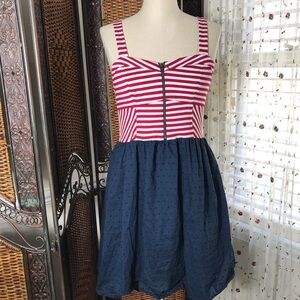 Xhilaration Red and Navy Striped Zip-Front Mini Dress